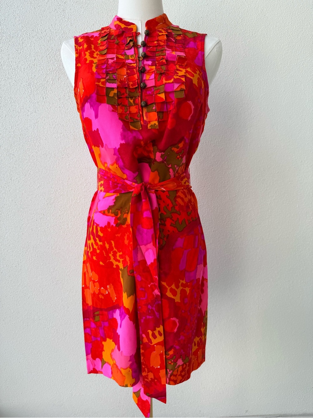 STUNNER! Beth Bowley 100% silk Pink & Red Sleeveless Dress. Removable belt, 2 - Picture 3 of 7